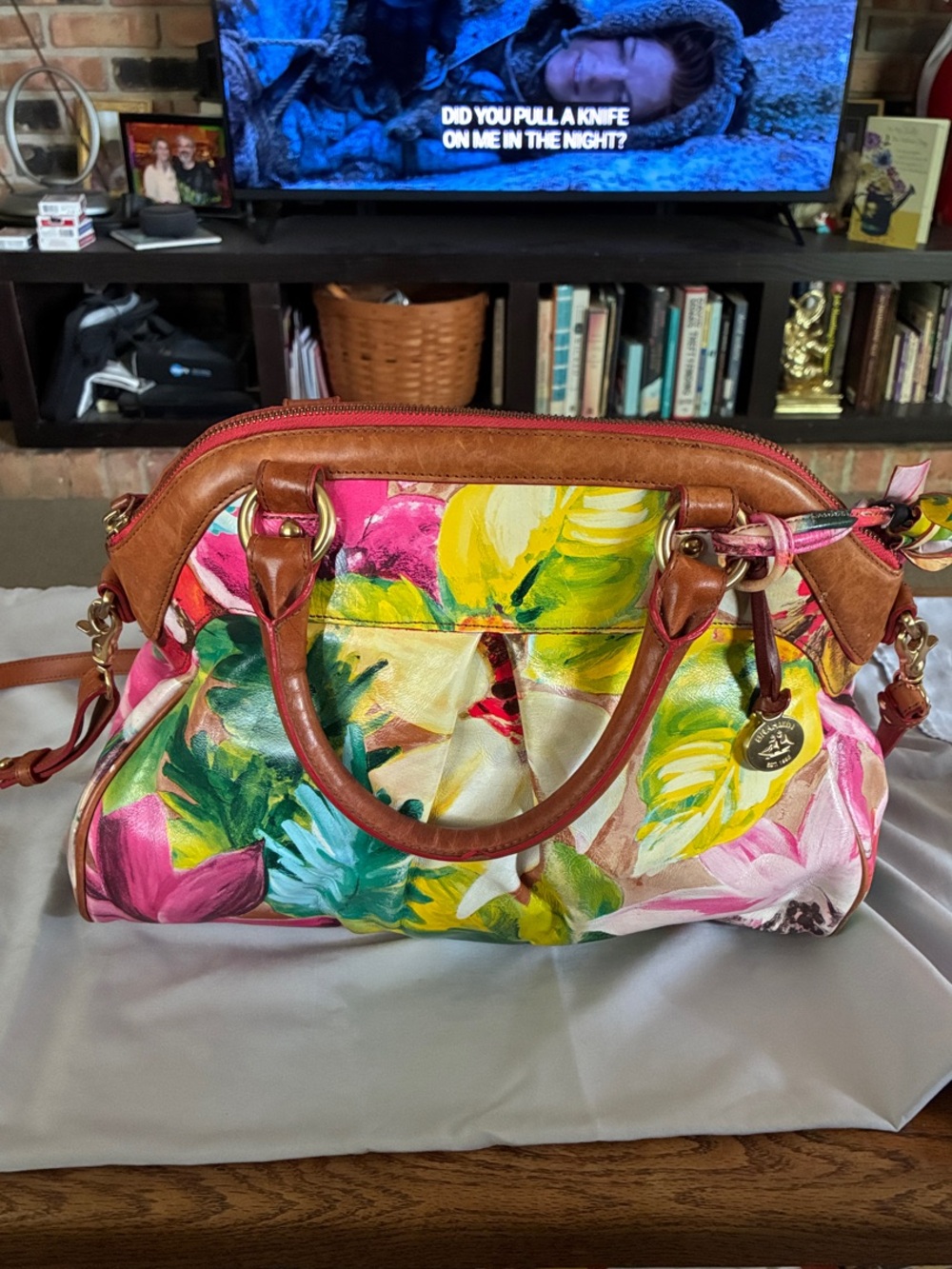 Brahmin Lorelei rose satchel- pink tropical floral print (excellent condition)